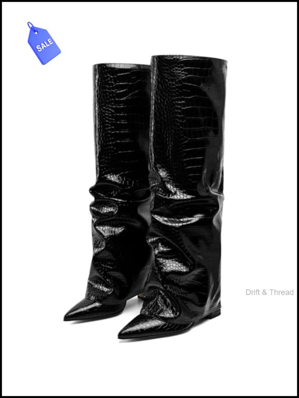 Knee High Boots Wide Calf Chunky Heel Fold Over Shark Boot
